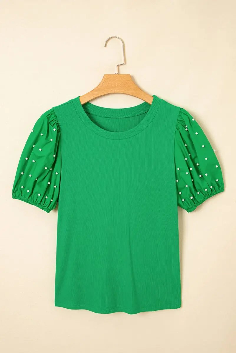 Bright Green Ribbed Pearl Beaded Puff Sleeve Top for Women - Love Salve